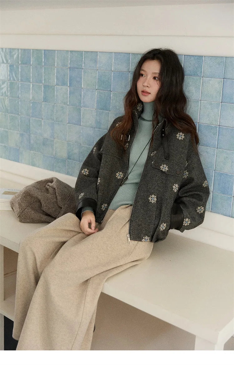 MISHOW Wool Blend Jacket Small Flower Embroidery Turtleneck Zipper MXE86W0906