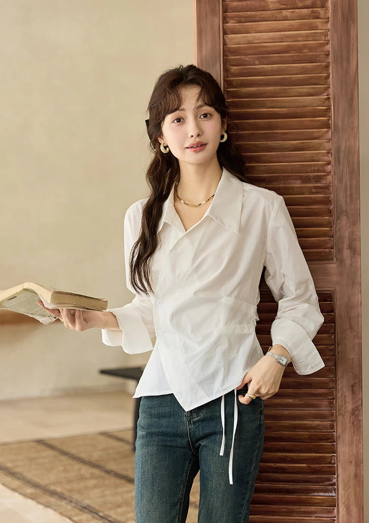 MISHOW French Side Placket Asymmetric Shirt Pleated Waist Lapel MXD45C0357
