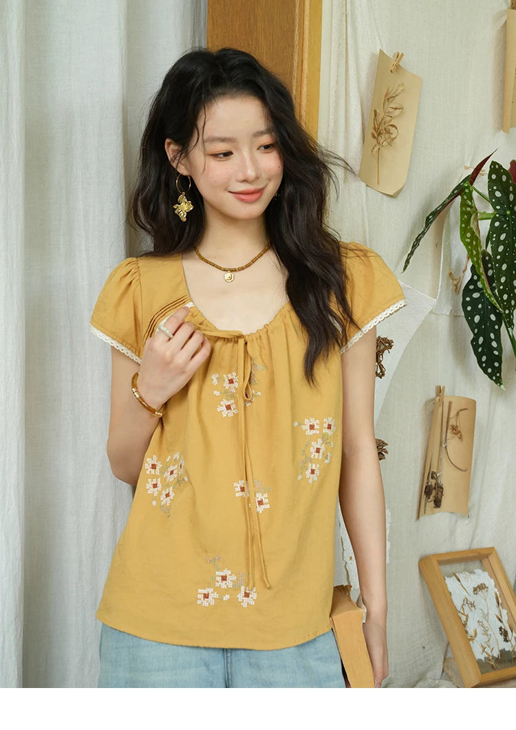 MISHOW Embroidery Flower Blouse O-Neck Lace Up Flying Sleeve MXE39X1880