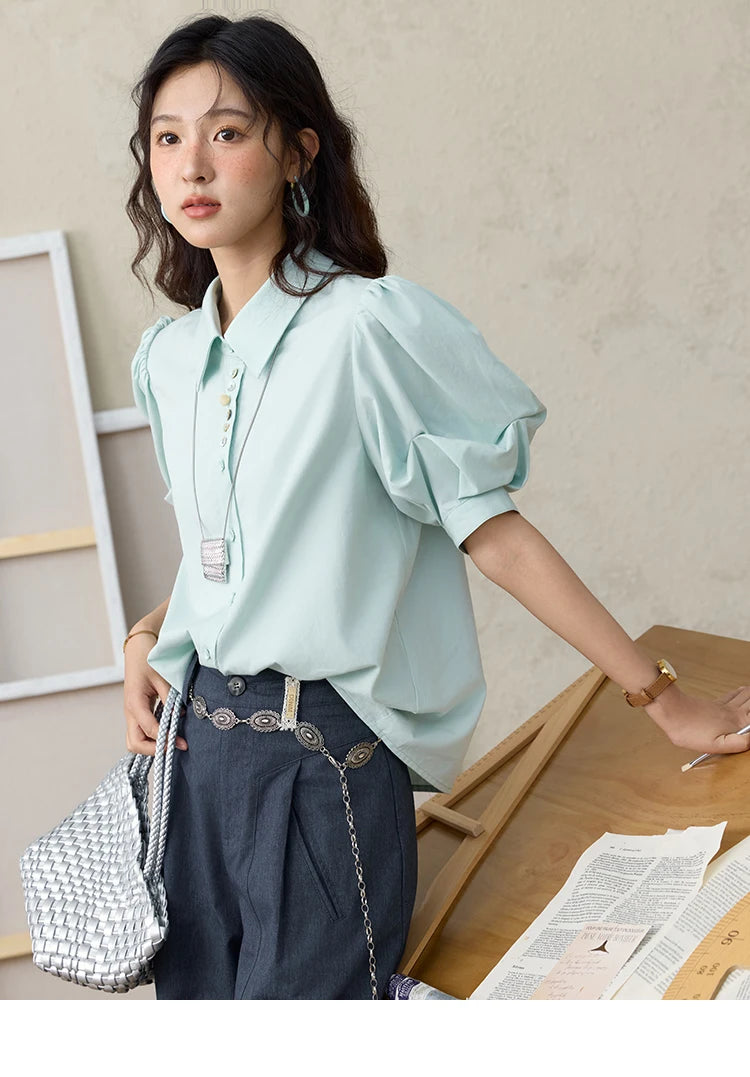 MISHOW Light Green Bubble Sleeve Shirt Lapel Collar Irregular Buttons MXE34C0788