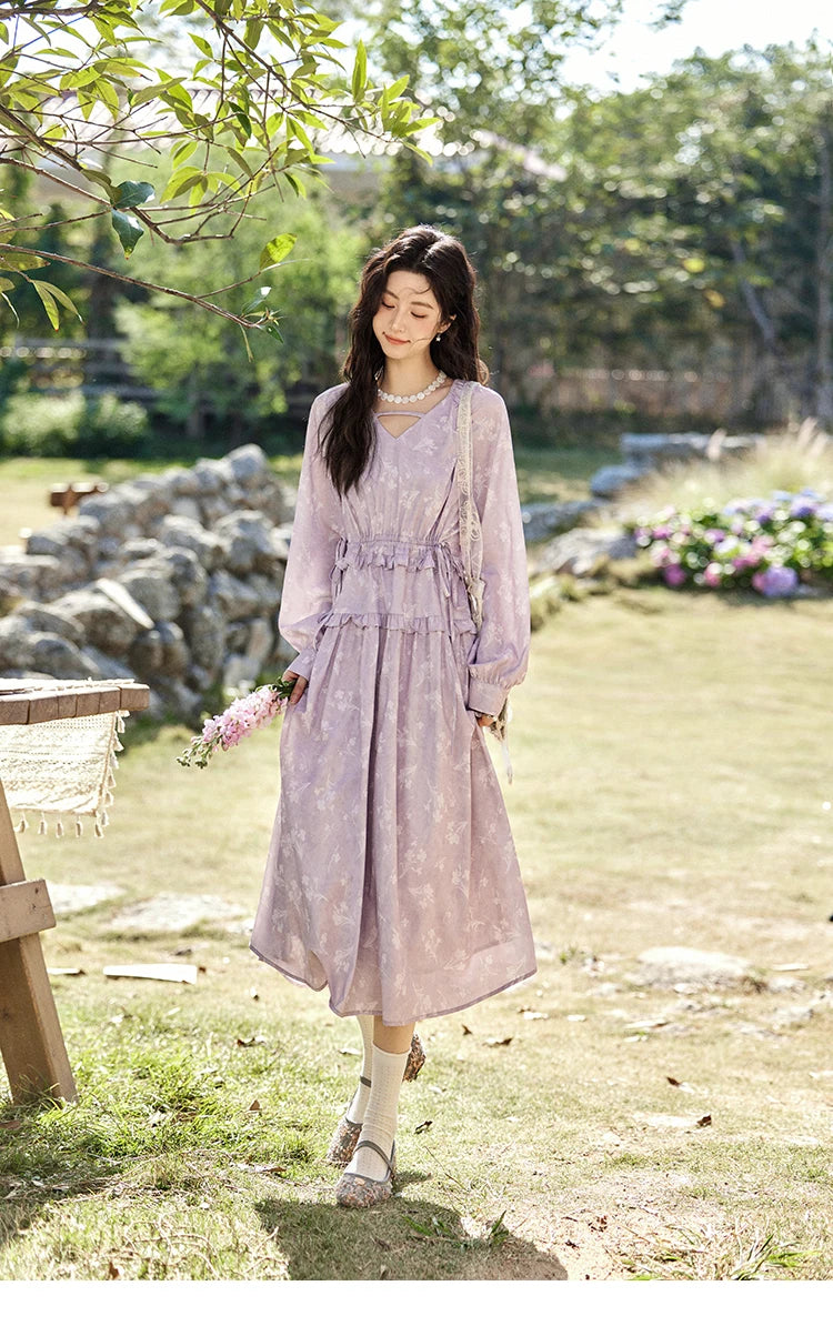 Mishow Black Fungus Edge Floral Lace-Up Cake Dress MXE13L2101