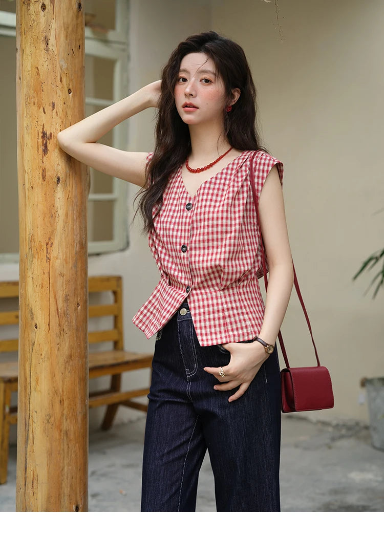 MISHOW Red Plaid V-Neck Shirt Button Front MXE37X1921