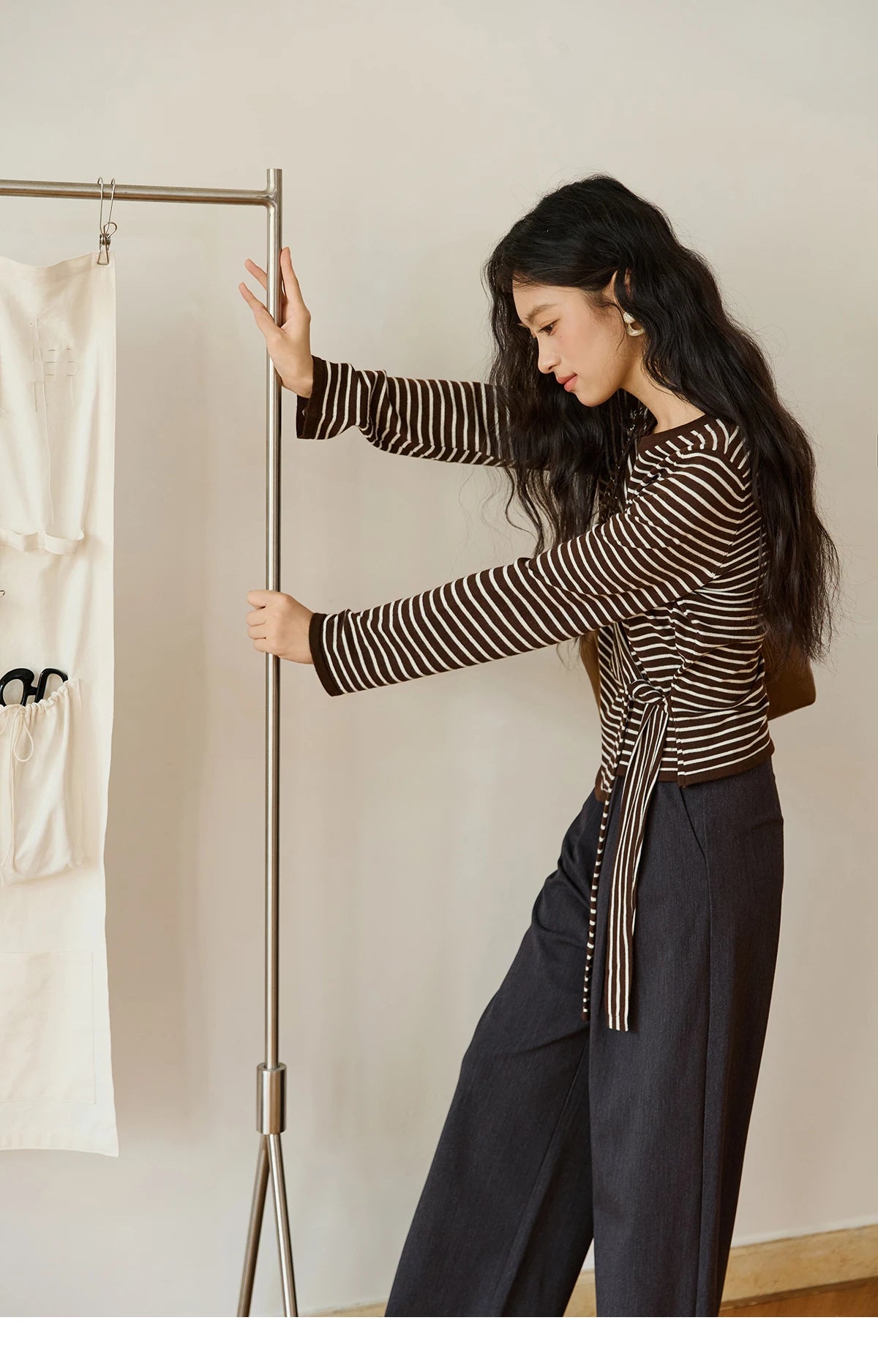 Mishow Coffee Striped Knitted Cardigan Sweater MXE46Z2537