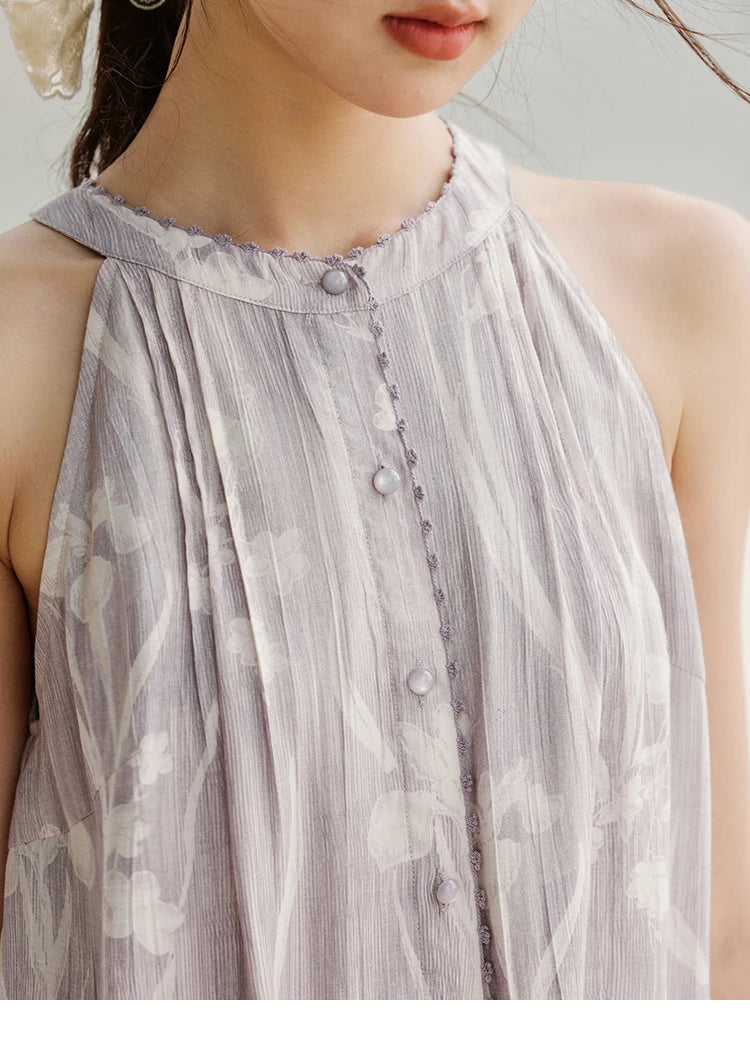 Mishow Purple Print Chiffon Stand Collar Dress MXE32L2163