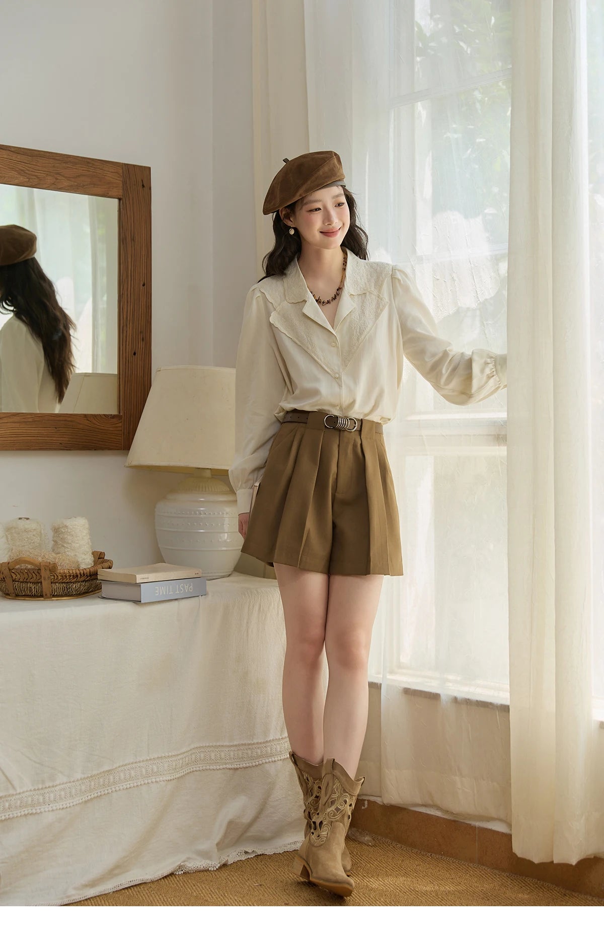 MISHOW Apricot Retro Lace V-Neck Blouse MXE45X2486