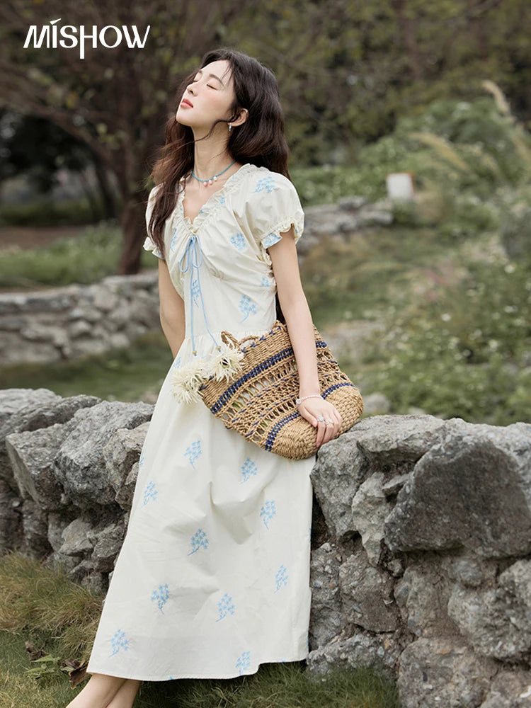 Mishow French Print Puff Sleeve Cotton Dress MXE32L2210