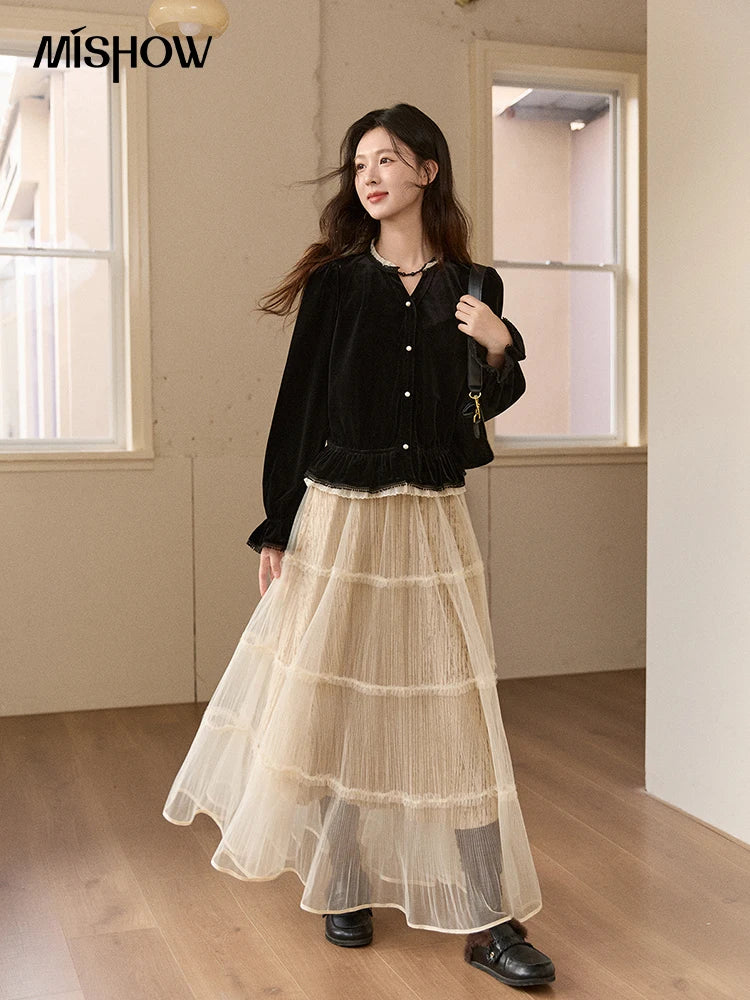 Mishow Black Velvet Lace Pearl Button Puff Sleeve Shirt MXE94X2516