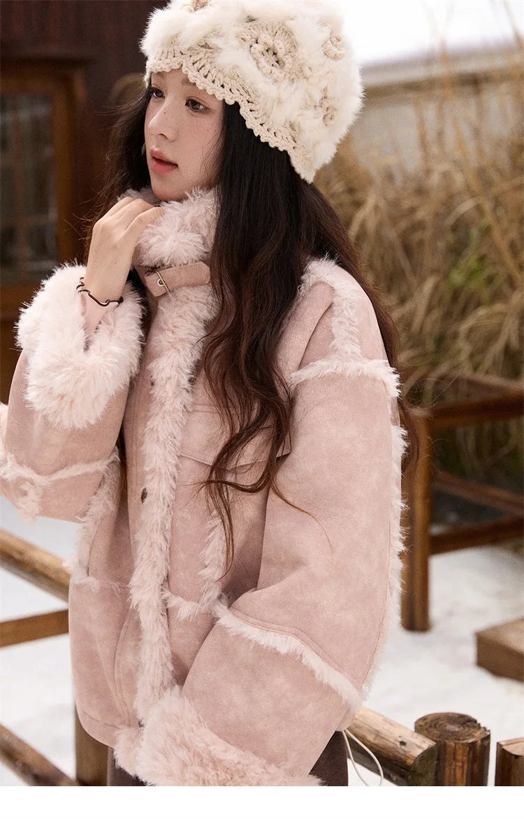 MISHOW Pink Plush Patchwork Coat Stand Collar Windproof MXE51W0911