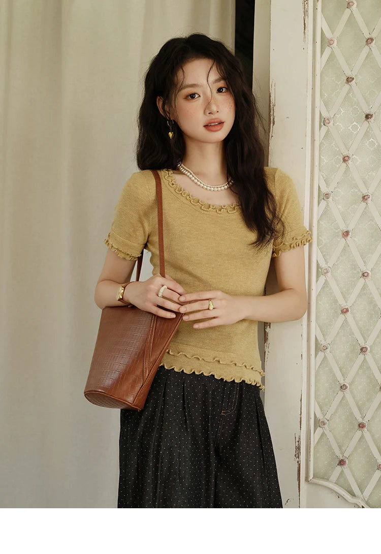 Mishow Round Neck Ear Edge Short Sleeve Tee MXE32Z1233
