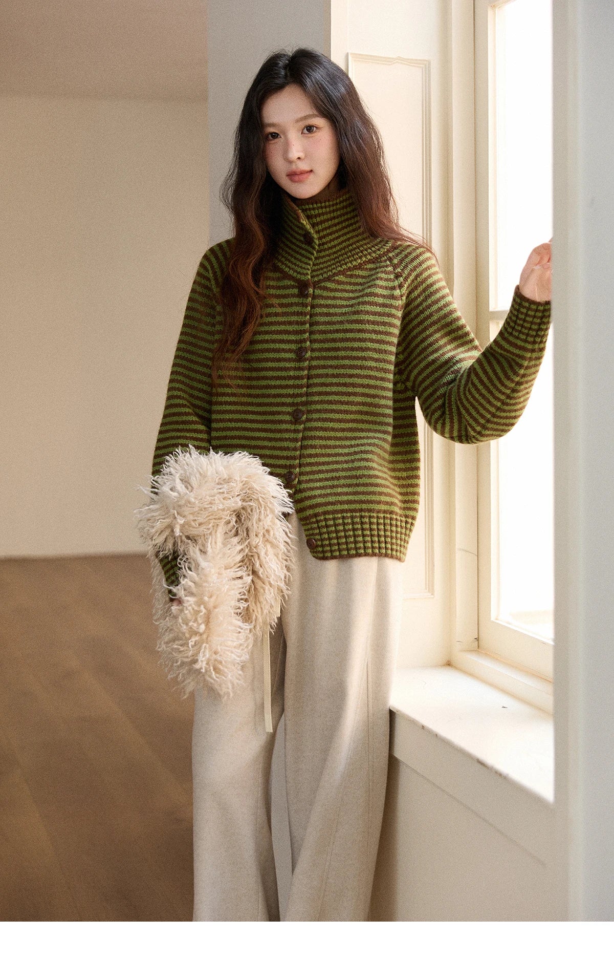 Mishow Striped Stand Collar Raglan Cardigan MXE88Z2690