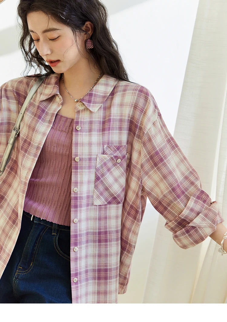 MISHOW Purple Plaid Cotton Shirt Polo Neck Pockets MXE14C0417