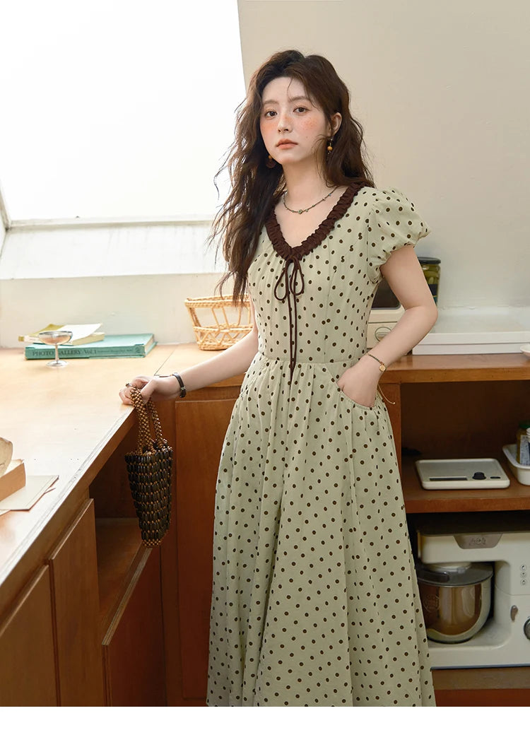 Mishow Polka Dot V-Neck Lace Up Puff Sleeve Dress MXE39L2326