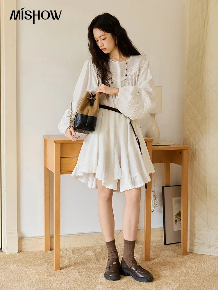 Mishow French O-Neck Lace Ruffled Lantern Sleeve Dress MXE46L2519