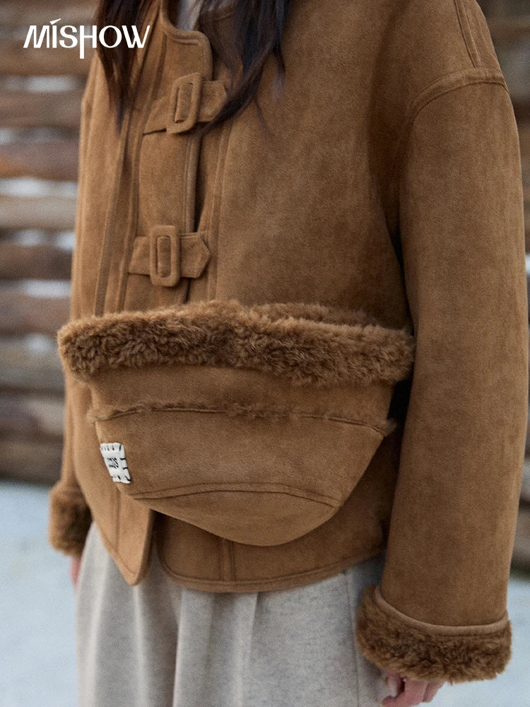 MISHOW Brown Round Neck Coat Button Pockets Loose Windproof MXE90W0994