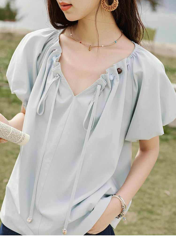 MISHOW V-Neck Puff Sleeve Blouse Beaded Retro Top MXE33X1757