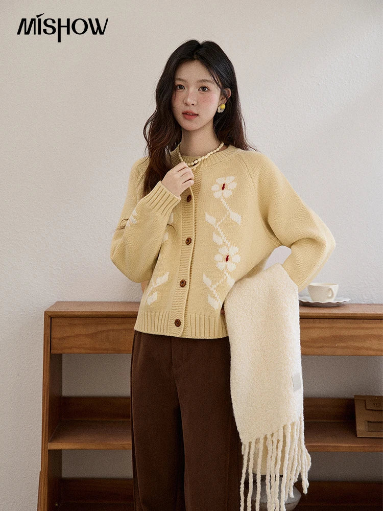 Mishow Yellow Floral Jacquard Retro Cardigan MXE86Z2738