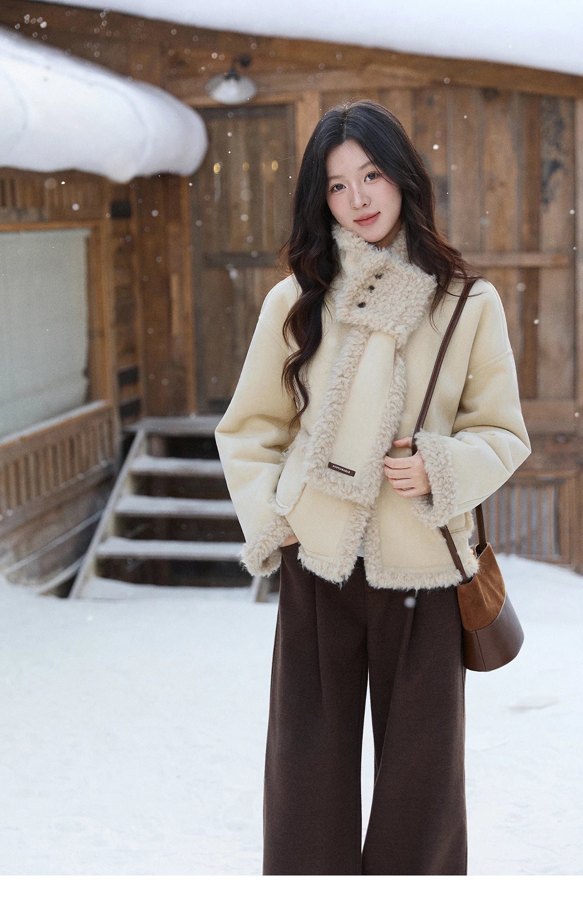 Mishow Cream Yellow Faux Suede Coat with Matching Scarf MXE91W1019