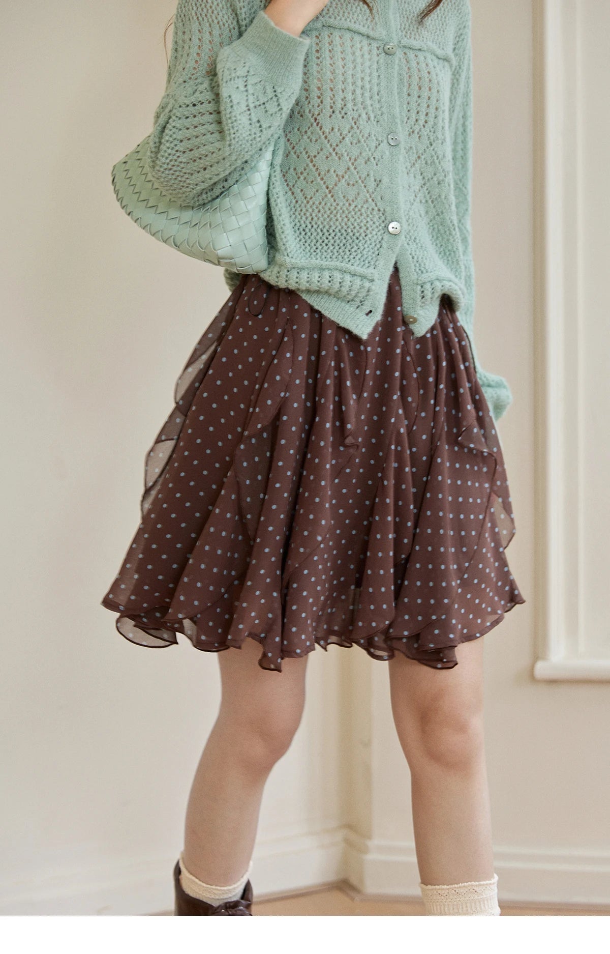 Mishow Brown Polka Dot Ruffled Chiffon Mini Skirt MXF13B2476