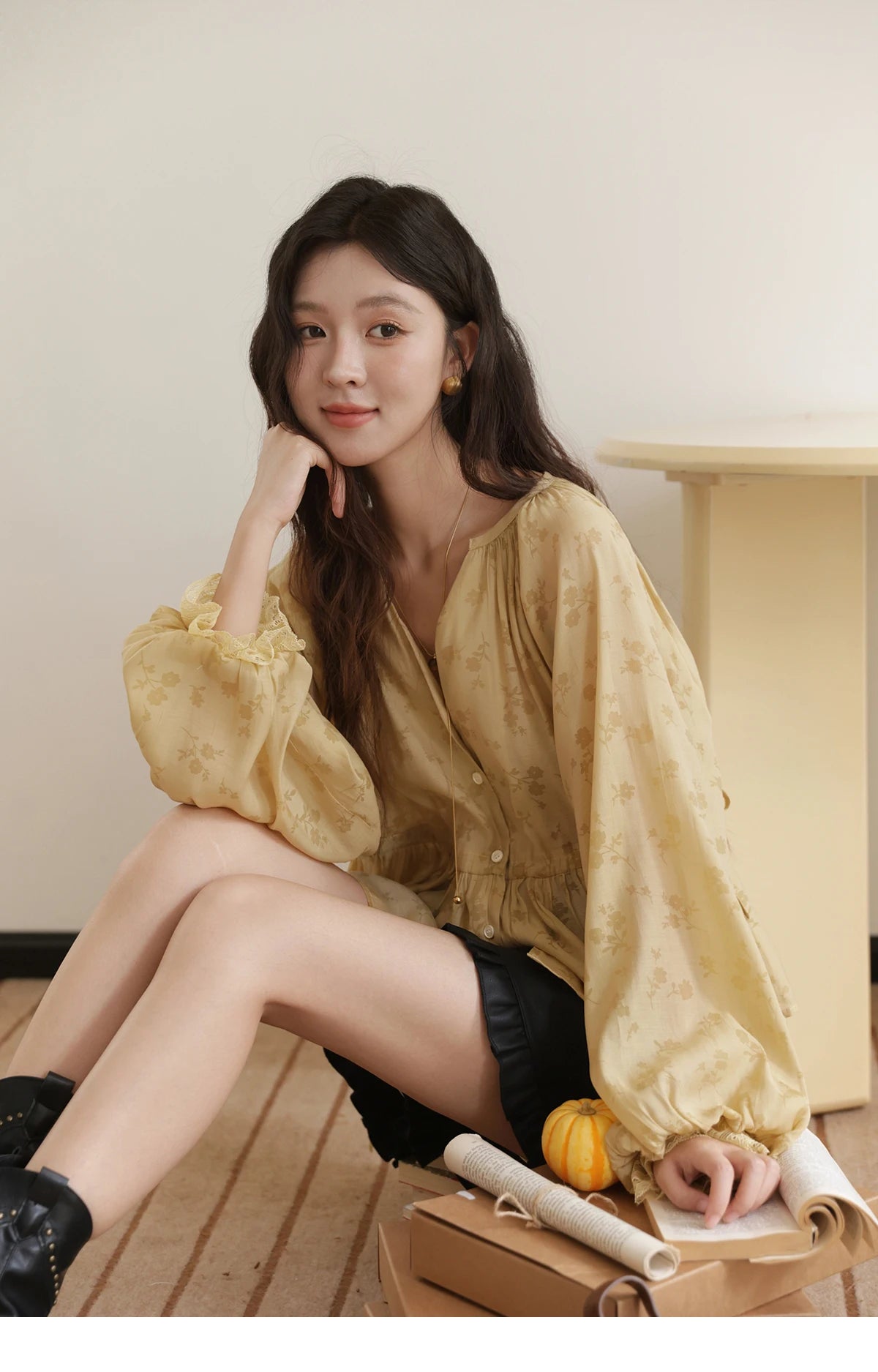 MISHOW Yellow Print Shirt Lantern Sleeve Drawstring Waist MXE45X2499
