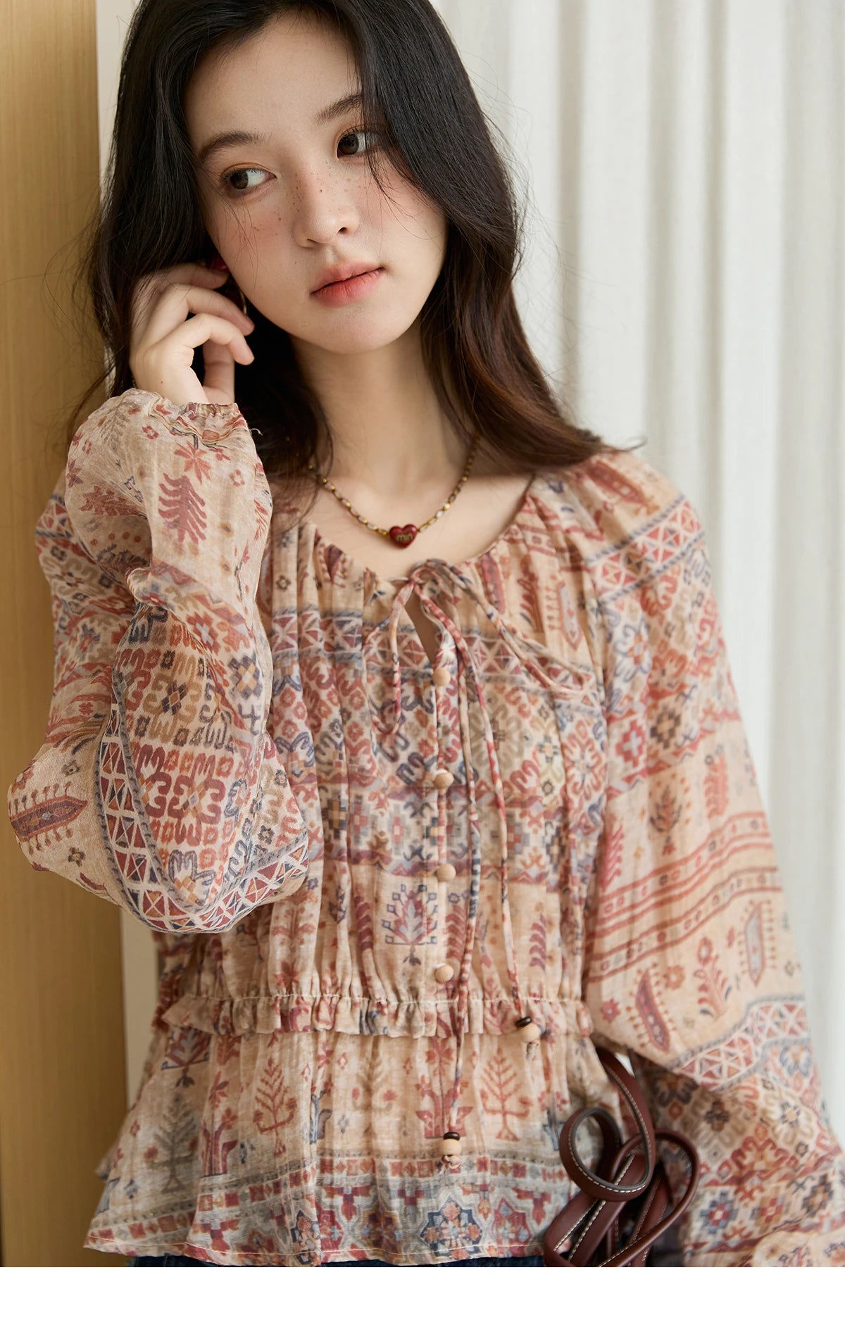 MISHOW National Style Printed Blouse Round Neck Drop Sleeve MXE47X2508