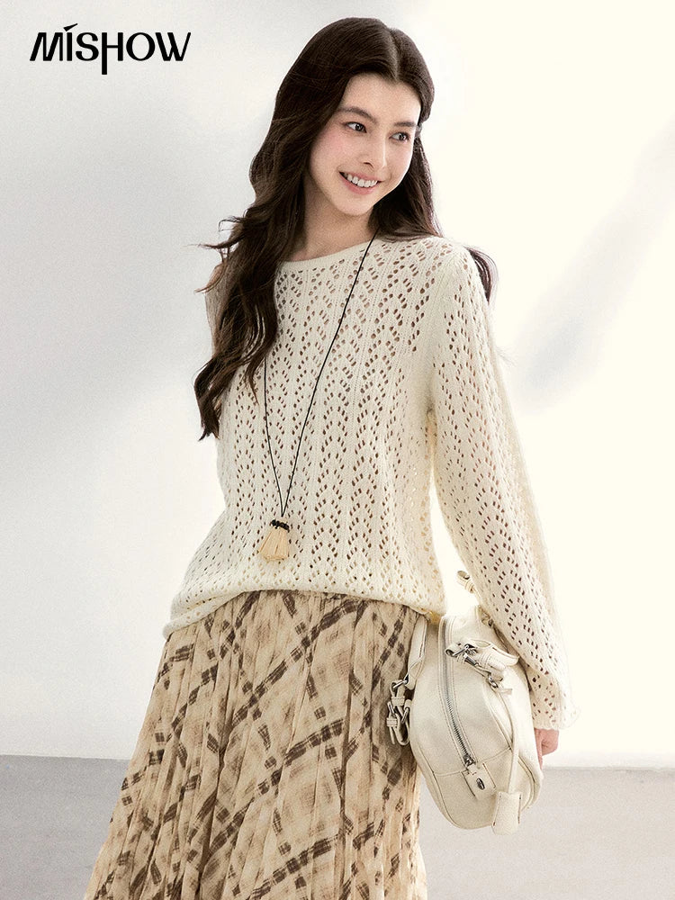 Mishow Beige Hollow Crew Neck Sweater MXF13Z3017