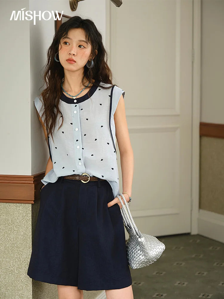 Mishow Sleeveless Button Shirt & High Waist A-Line Shorts Set MXE37T0656