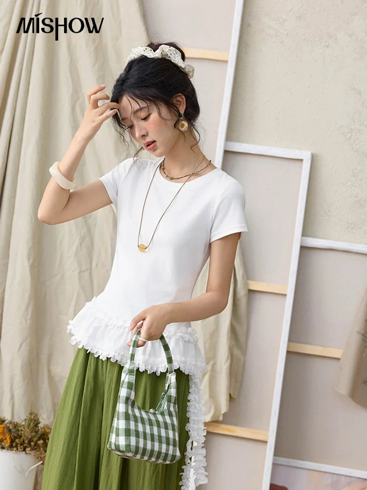 Mishow White Ruffled Tee with Red Lanyard Necklace MXE34T0557