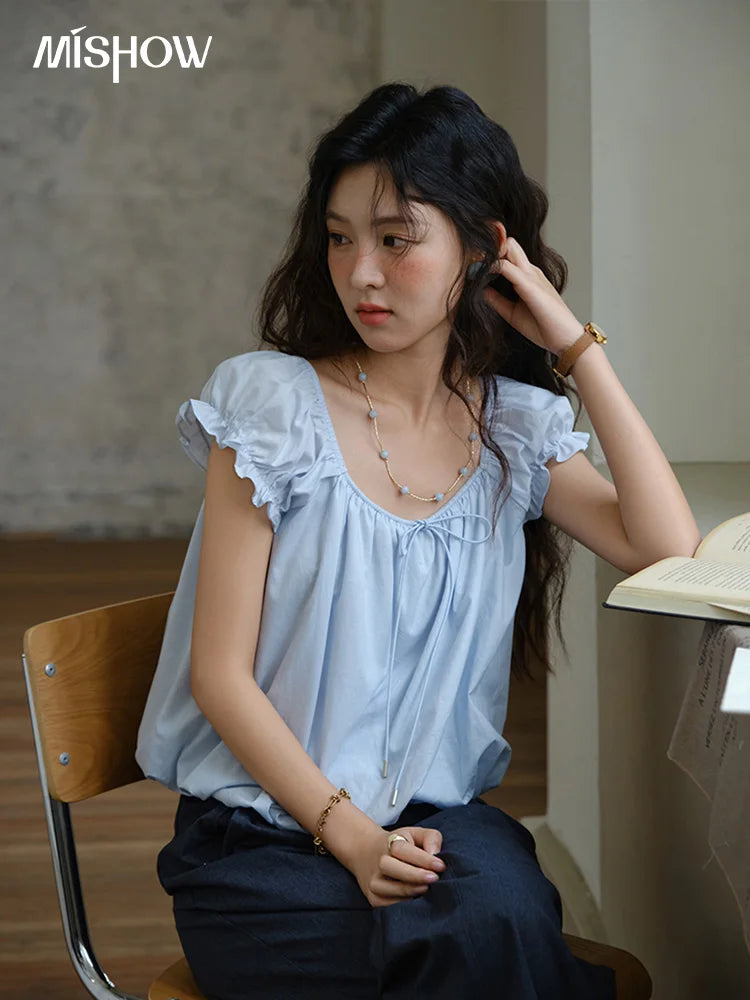 MISHOW Cotton Blouse Puff Sleeve Lace Up O-Neck MXE37X1893