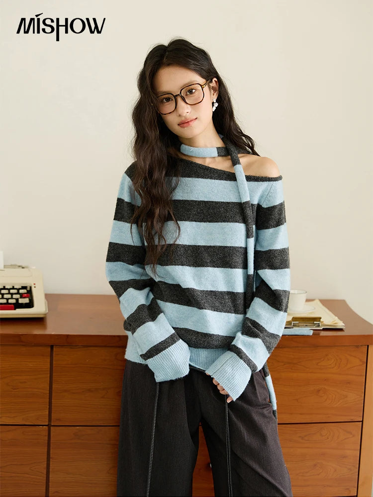 Mishow Blue Gray Slanted Shoulder Ribbon Sweater MXE46Z2540