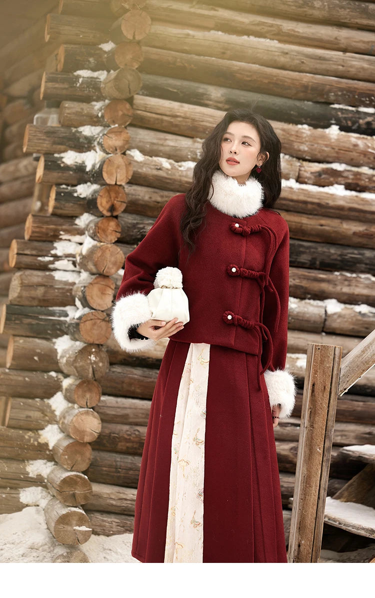 Mishow Tweed Jacket with Removable Fur Collar & Pleated Skirt Set MXD59W0609