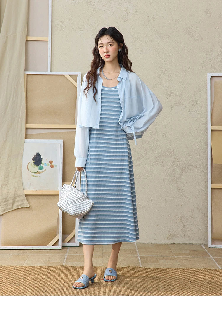 Mishow Blue Striped Camisole Dress & Lyocell Shirt Set MXE34L2285