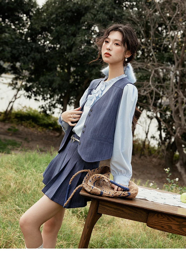 Mishow V-Neck Vest Coat & Pleated A-Line Skirt Set MXE31T0505