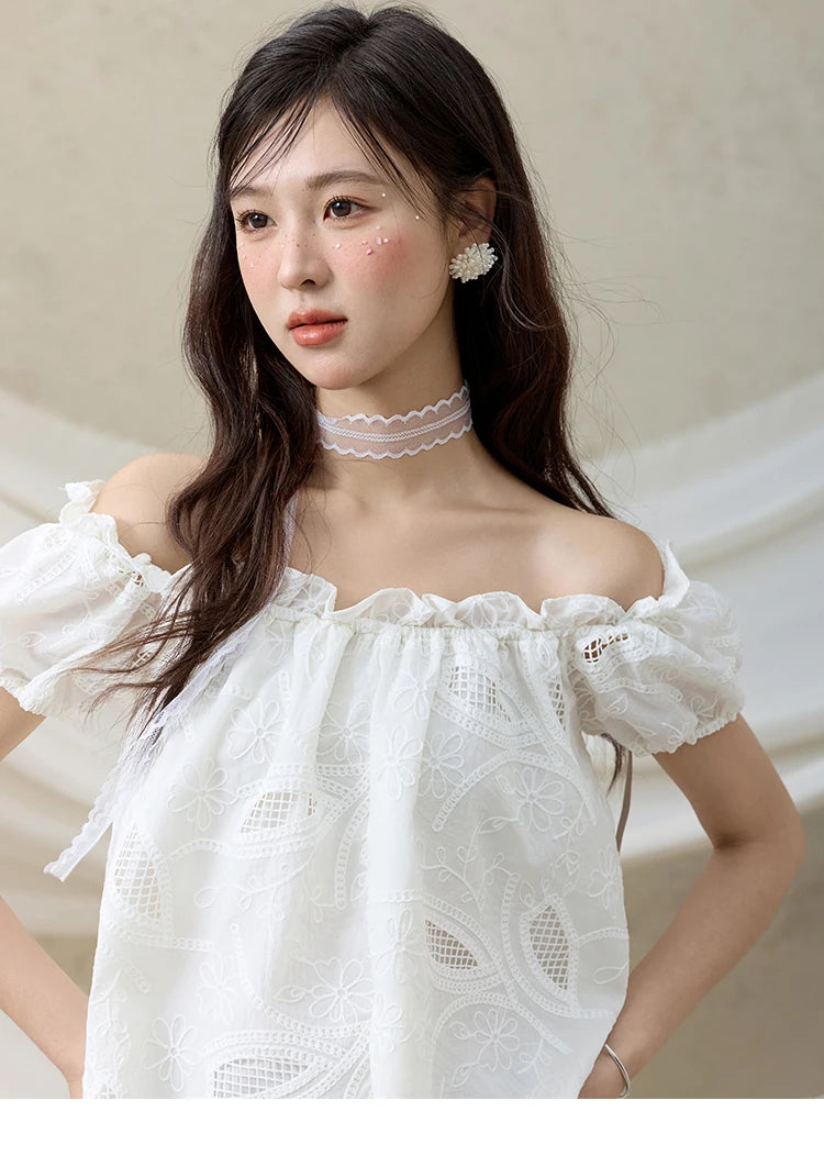 MISHOW Slash Neck Lace Blouse Short Sleeve Solid MXE35X1775