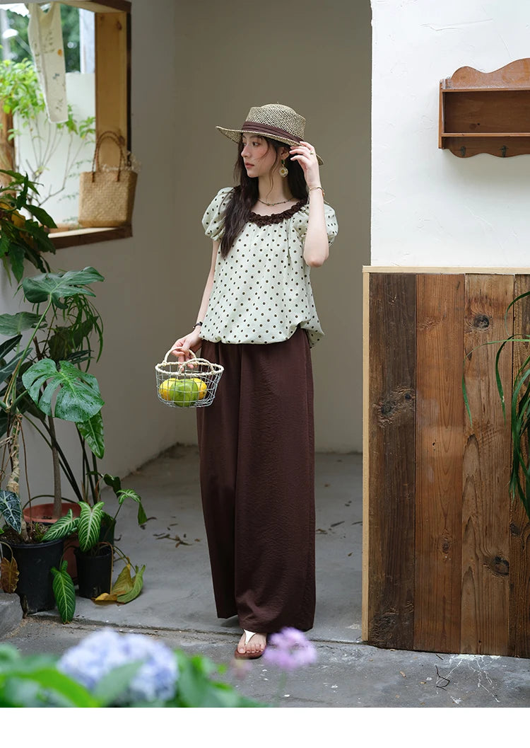 Mishow Polka Dot Puff Sleeve Top & Wide Leg Pants Set MXE39T0657