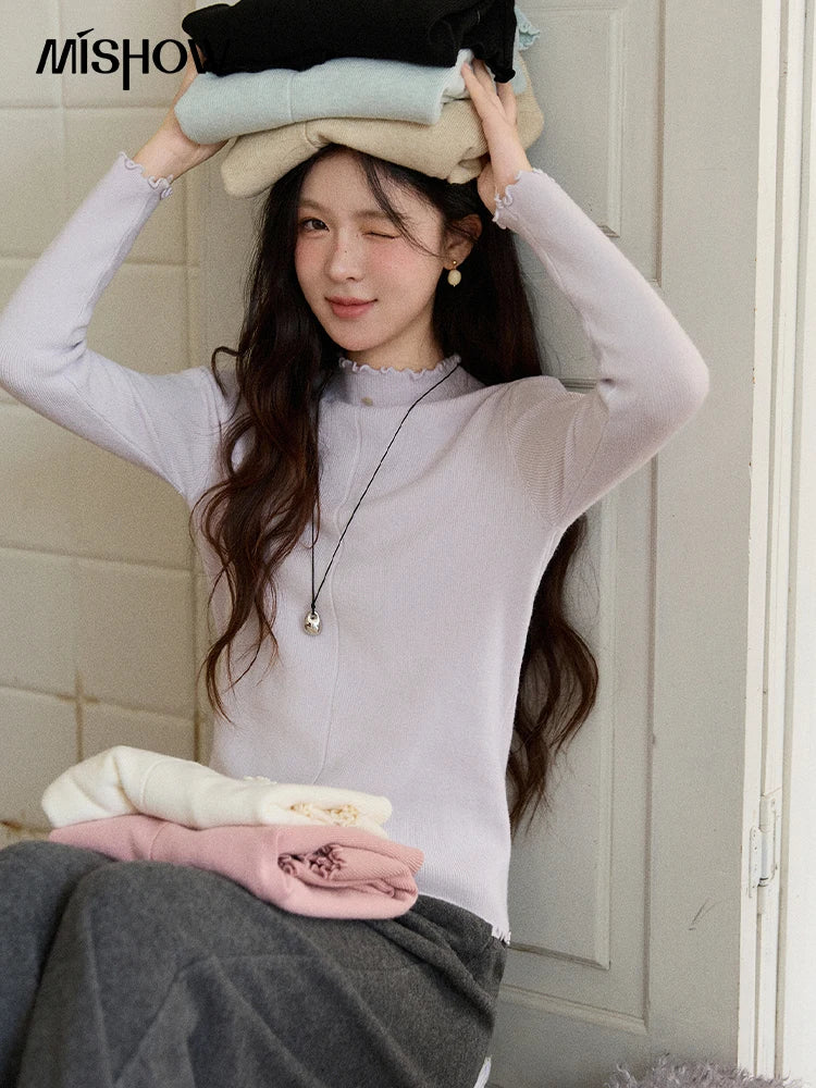 Mishow Ruffled Turtleneck Slim Knit Top MXE91Z2826
