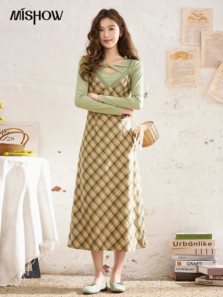 Mishow Hollow Knit Top & Plaid Suspender Dress Set MXD14L1679