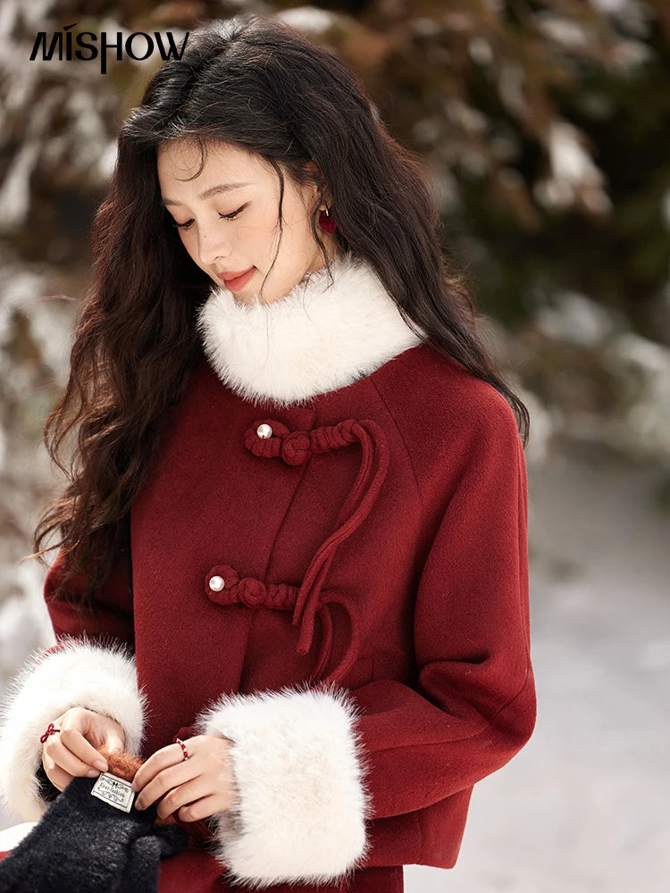 Mishow Tweed Jacket with Removable Fur Collar & Pleated Skirt Set MXD59W0609