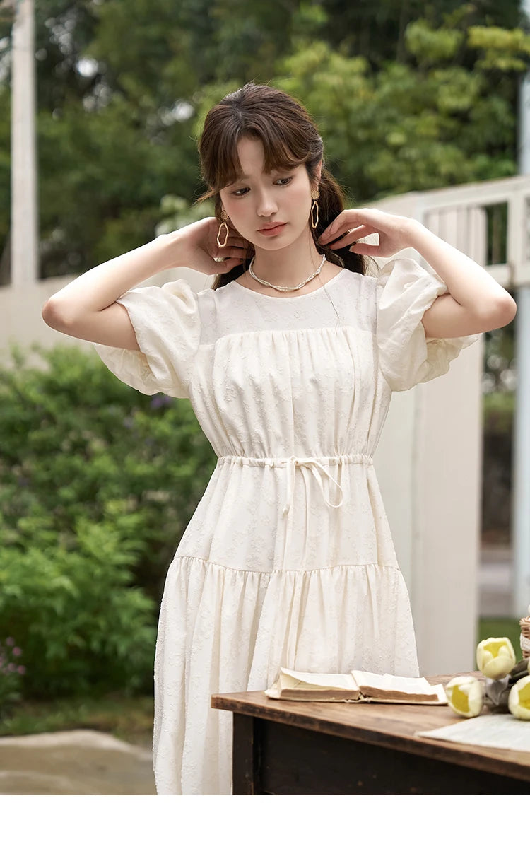 Mishow French Drawstring Waist Puff Sleeve Dress MXC38L1415