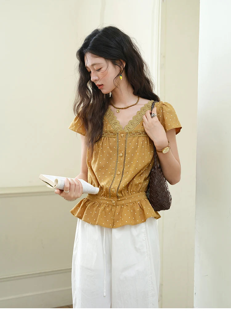 MISHOW V-Neck Lace Polka Dot Blouse Ruffled Button MXE38X1847