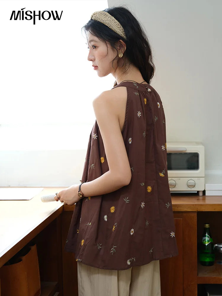 Mishow Embroidery Hanging Neck Sleeveless Top & Khaki Wide Leg Pants Set MXE39T0713