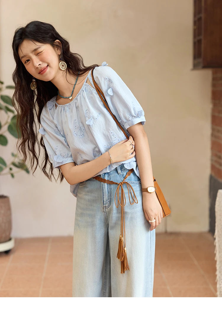 MISHOW Butterfly Embroidery Blouse Hollow Out O-Neck MXE36X1878