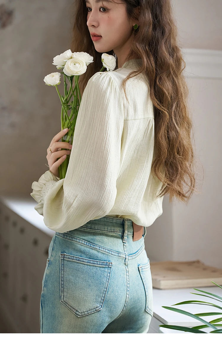 MISHOW Ribbon Collar Shirt Sweet Cuffs Pleated Embroidered Petal Sleeve MXD14C0226