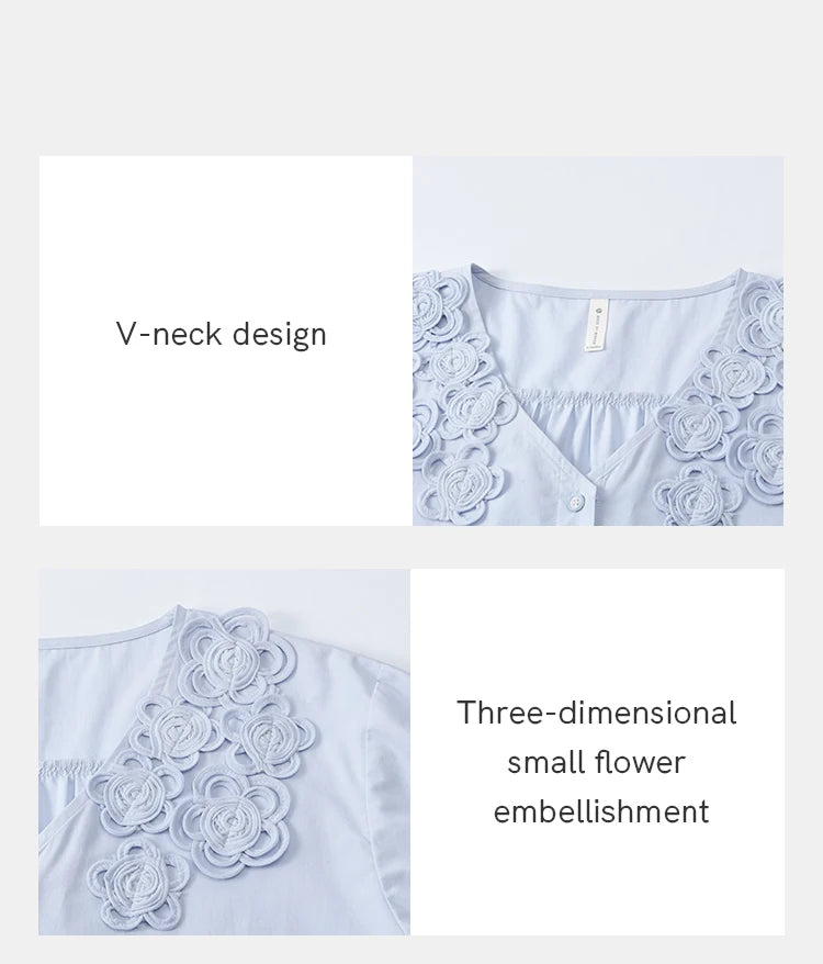 MISHOW Solid V-Neck Blouse Embroidered Loose Short Sleeve MXE31X1774