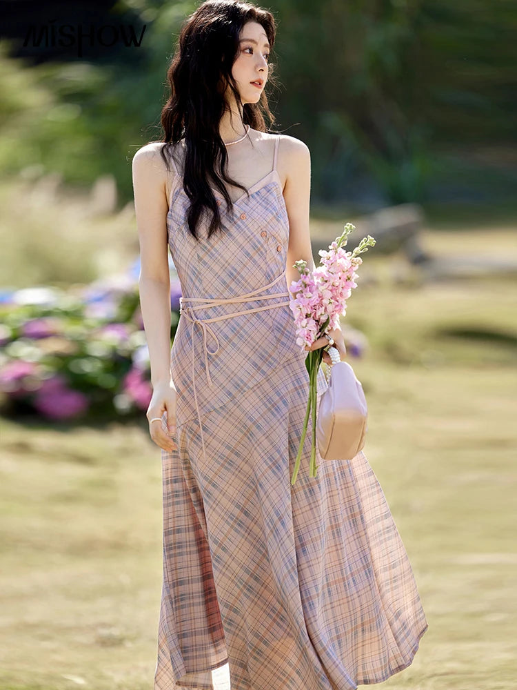 Mishow French Plaid V-Neck Lace-Up Camisole Dress MXE11L2088