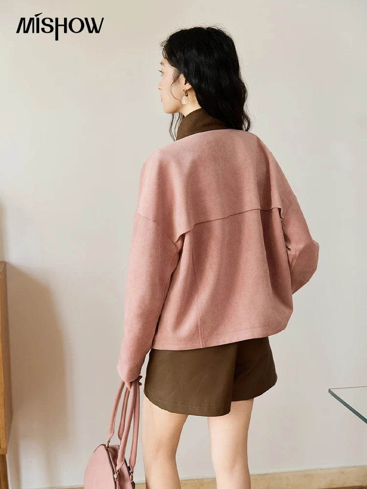 MISHOW Pink Coffee Suede Jacket Stand Collar Contrast Color MXE48W0851