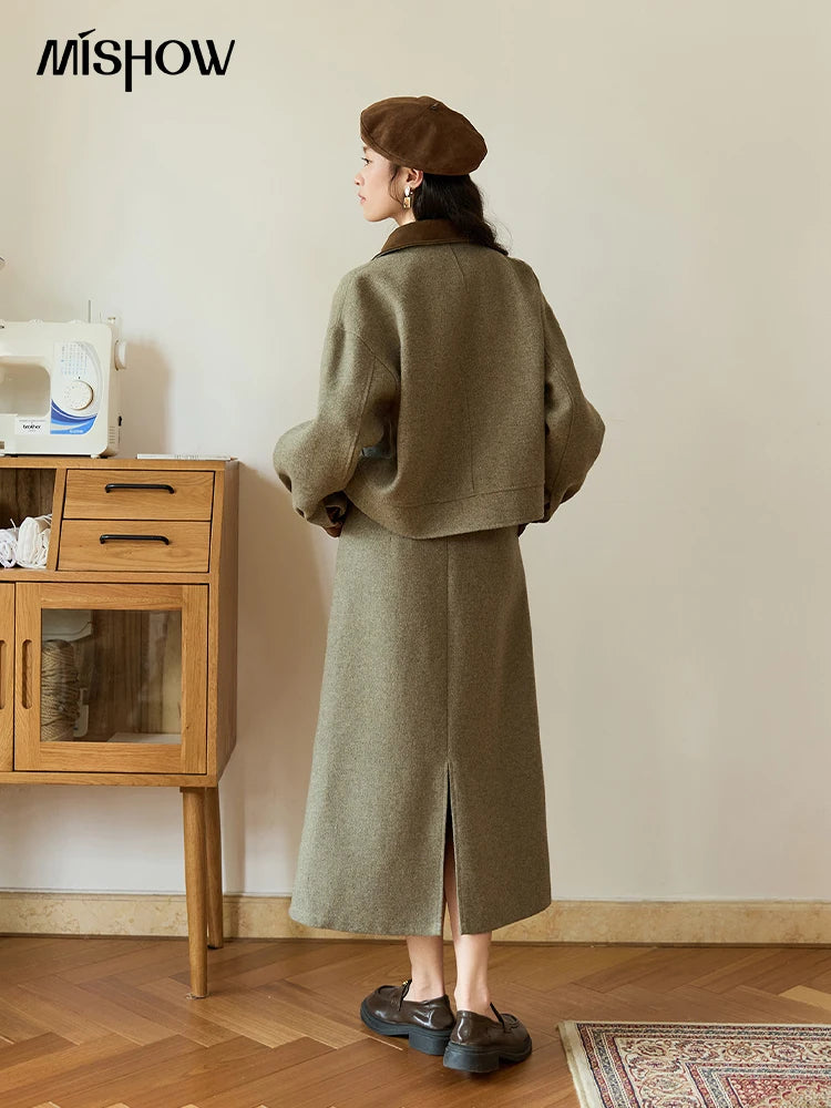Mishow Contrast Suede Patchwork Wool Coat MXE46W0844