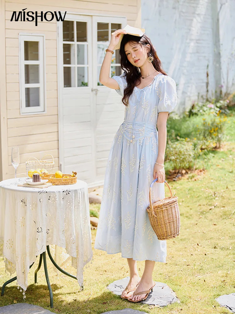 Mishow Blue Square Neck Bubble Sleeve Cotton Dress MXE35L2234