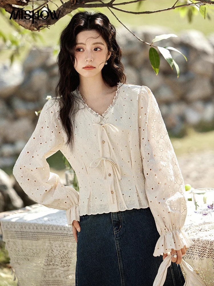 MISHOW Women's 100% Cotton Lace Shirt V-Neck Waist Elastic Cuffs MXE12X1710