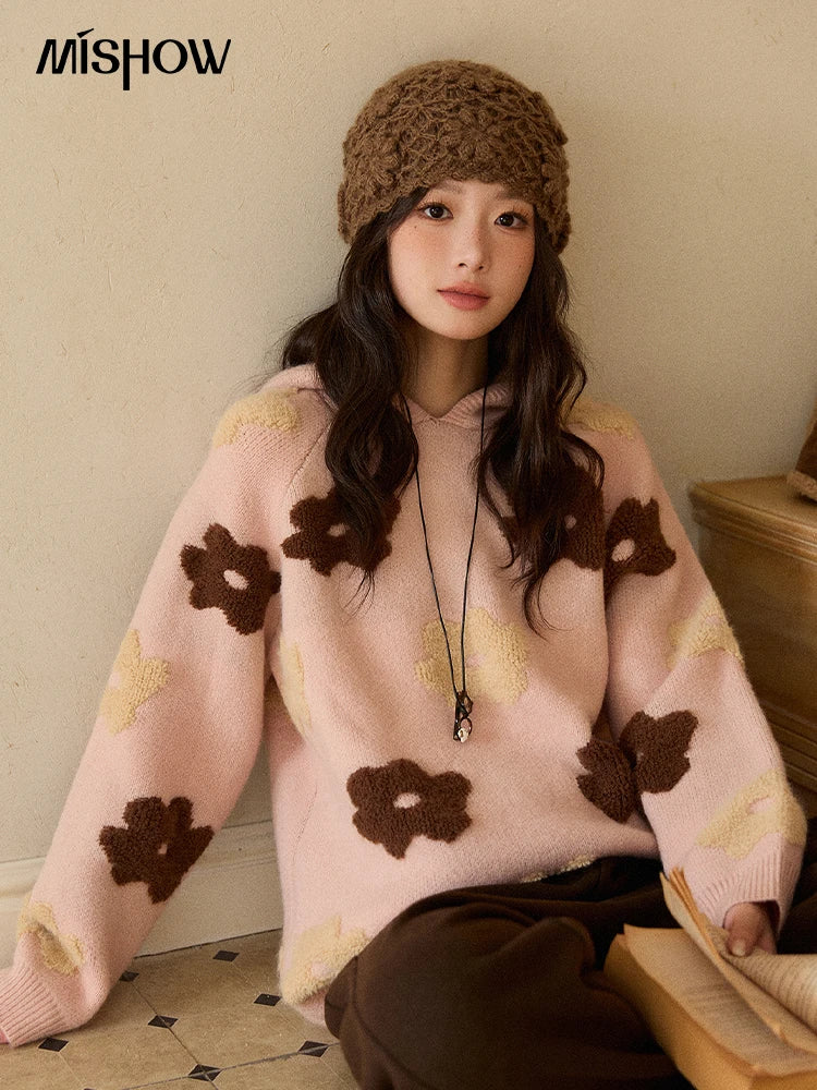 Mishow Pink Floral Hooded 3D Jacquard Pullover MXE90Z2786