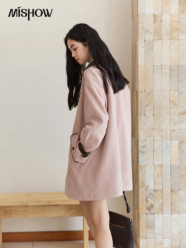 MISHOW Pink Mid-Length Jacket Turn-Down Collar Button Spliced MXE45W0845